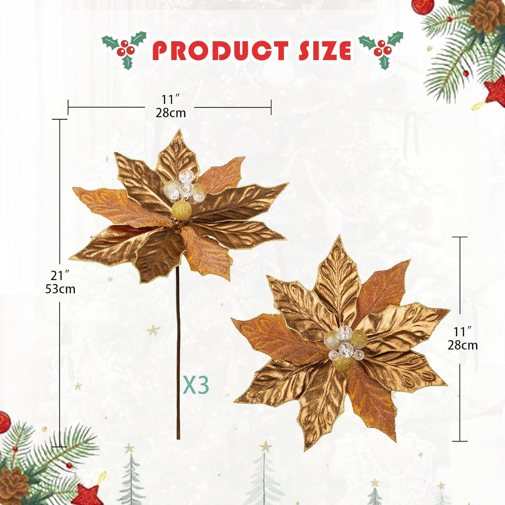 Hollyone 3PCS Poinsettia Christmas Flowers Artificial 11" Large Bronze Glitter Poinsettia Flowers Christmas Tree Ornaments Floral Picks for Tree Wreath Garland Vase Table Centerpiece Home Decor
