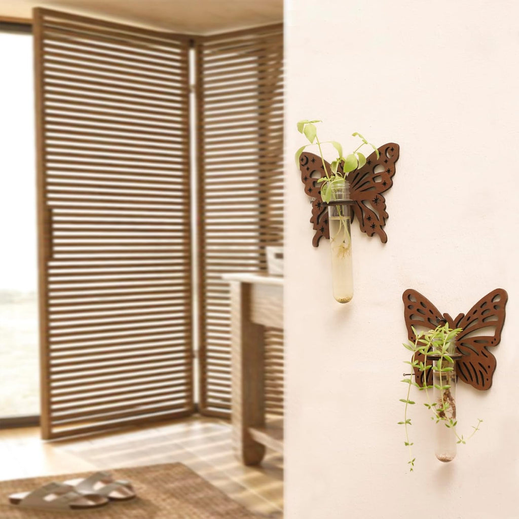 Artilady 2 Pack Plant Propagation Station Butterfly Wall Hanging Wood Plant Terrarium for Hydroponics Home Office Decor Test Tube Propagate Air Cutting Holder
