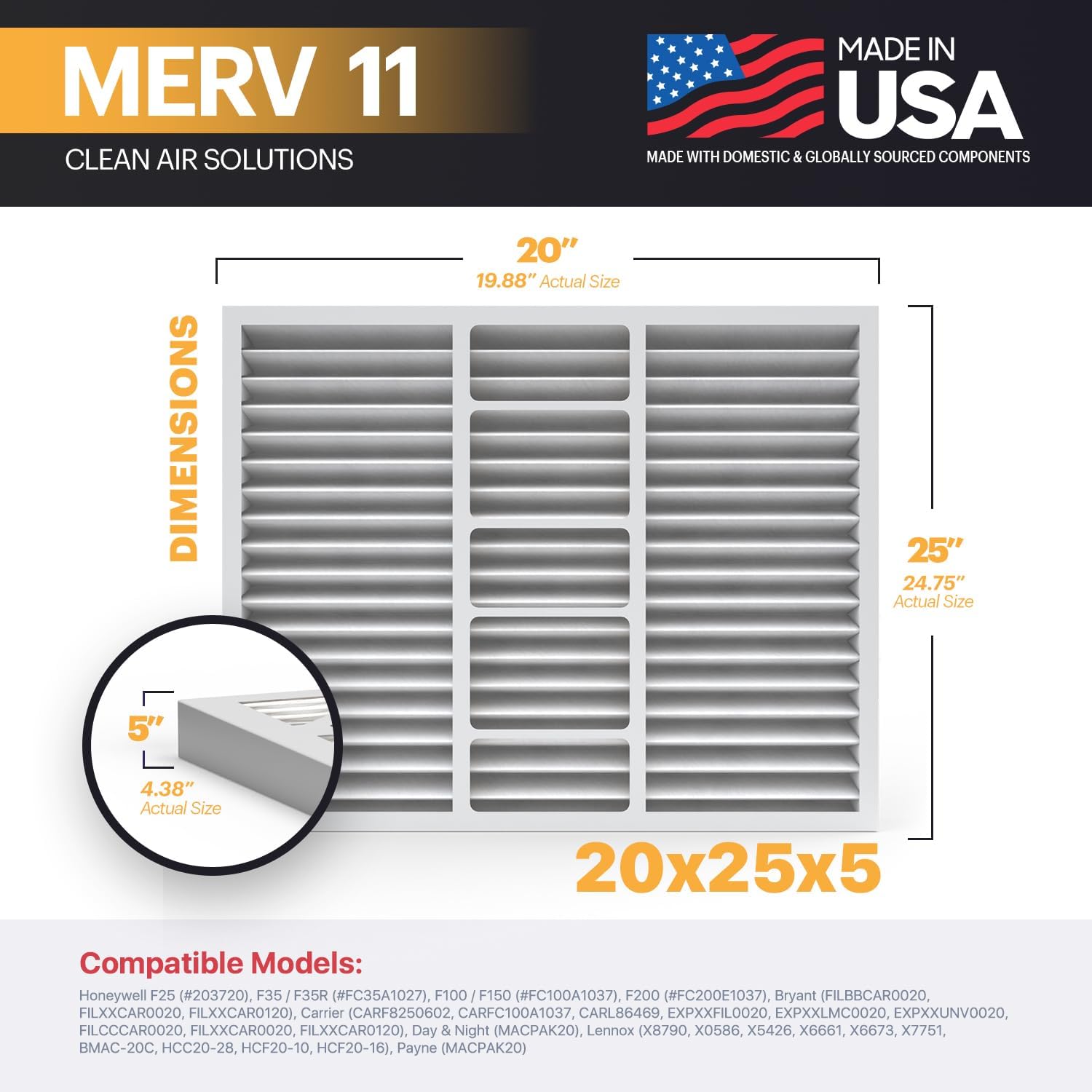 BNX TruFilter 20x25x5 (19.88’’ x 24.75’’ x 4.38‘ Honeywell Compatible 4”) MERV 11 Air Filter (2-Pack) - MADE IN USA - HVAC AC Furnace Filters for Allergies, Dust, Pet, Smoke, Allergy MPR 1200 FPR 7