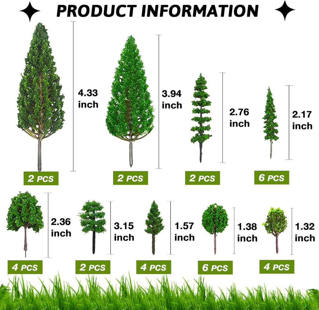 32PCS Model Trees Mixed Miniature Trees Model Tree Train Trees Railroad Scenery Diorama Tree Architecture Trees Fake Trees for Building Model DIY Crafts Diorama Scenery Landscape, Natural Green