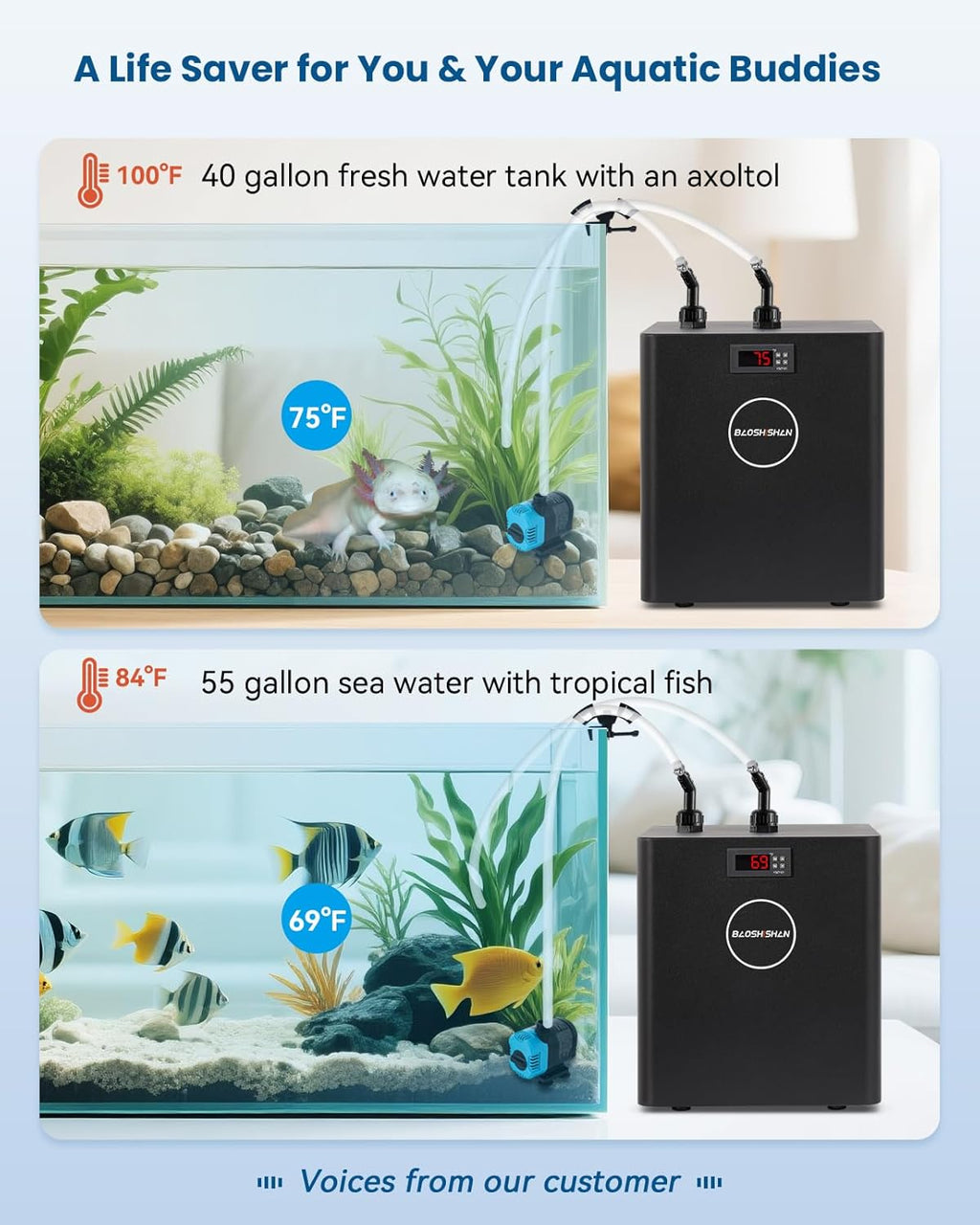 BAOSHISHAN Aquarium Chiller 79 gal, 1/3 HP Water Cooler, Special Quiet Design Refrigeration Compressor for Hydroponics, Axolotl, Coral Reef, Fresh & Salt Fish Tank (79gal/300L)