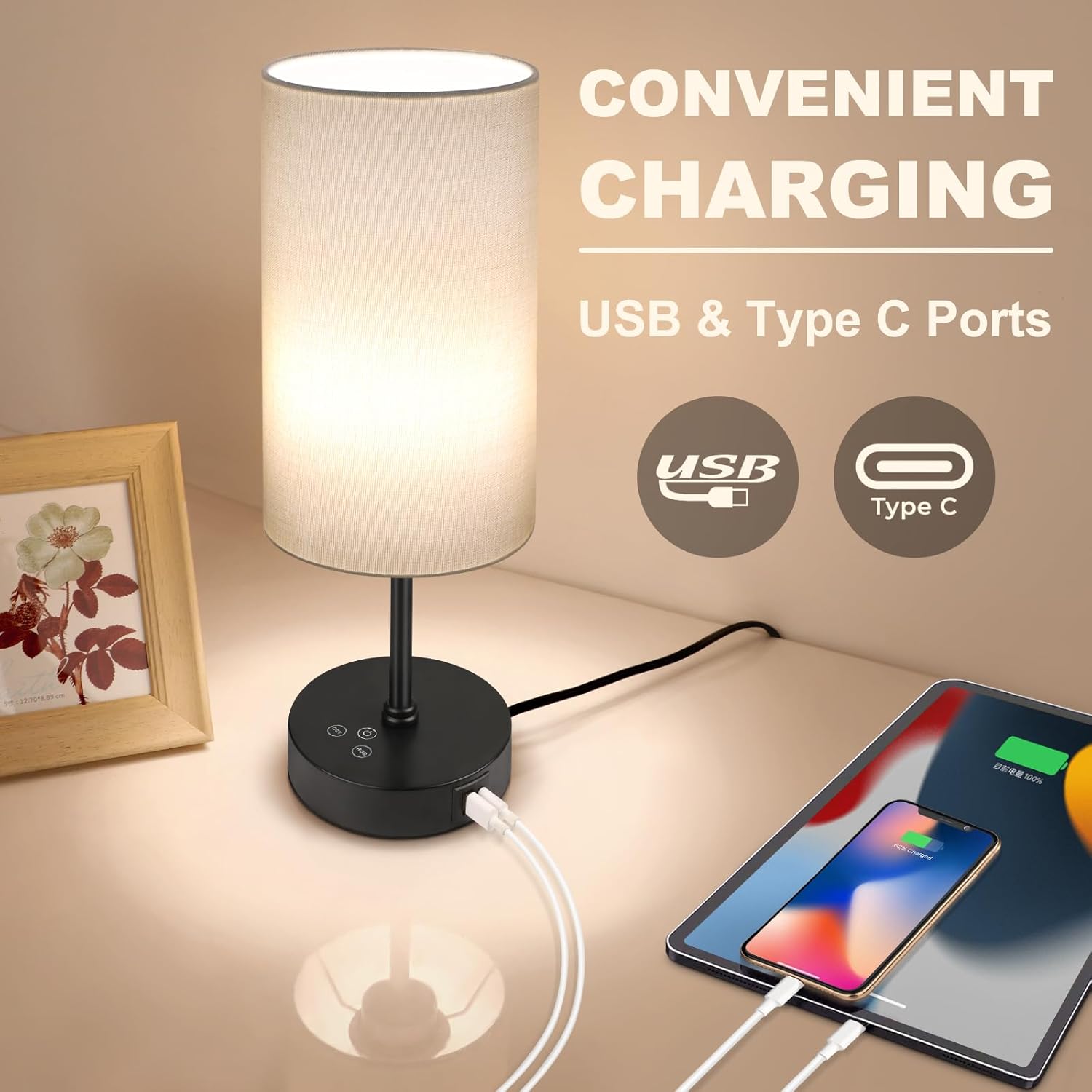 Unicozin Small Table Lamp, 3 CCT 3000K/4500K/6500K & RGB Color Changing, Stepless Dimmable Bedside Lamp for Reading, Touch Control Ambience Nightstand Light for Home Decor Party, Cream Shade
