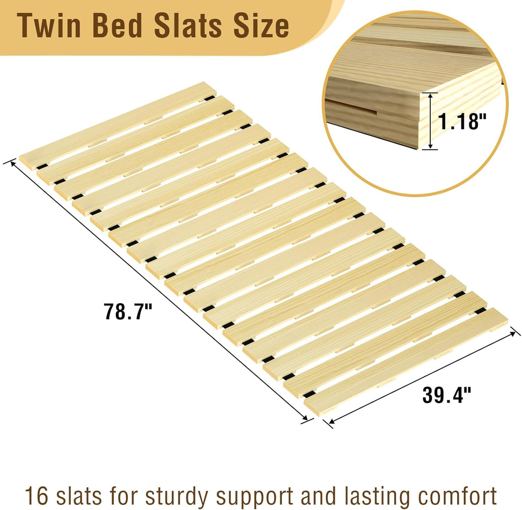 Japanese Tatami Mat Floor Bed, Knotless Solid Wood, Roll-Up Slatted, Bed Plate with 2 Storage Straps, Moisture-Proof and Breathable for Floor Sleeping or Futon Mattress, Twin