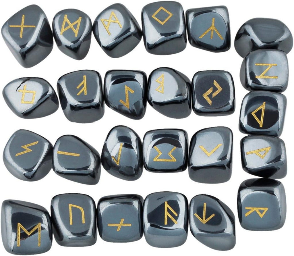 rockcloud Hematite Rune Stones Tumbled Engraved Lettering Crystal Set for Wicca Crystals Healing Chakra Reiki