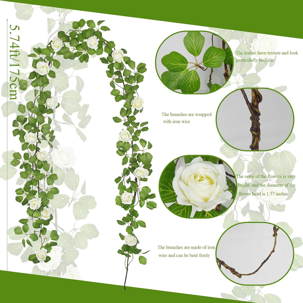 Artificial Roses Vines Flowers Garland Hanging Silk Rose Vine Floral Garland White UV Resistant Realistic Faux Hanging Flowers Plants Fake Ivy Vines for Outdoor Porch Outside Decor Patio Yard