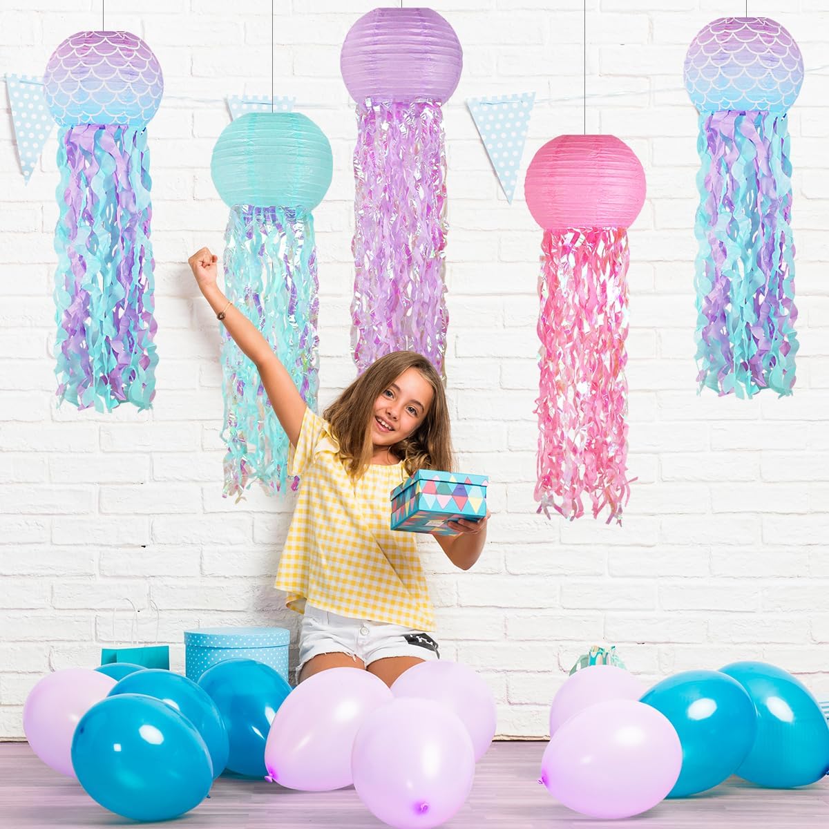 Mermaid Birthday Decorations, Jellyfish Paper Lanterns Pink Lavender Blue Mermaid Scales Hanging Lantern for Baby Shower Theme Under The Sea Ocean Birthday Party Decorations Set of 5