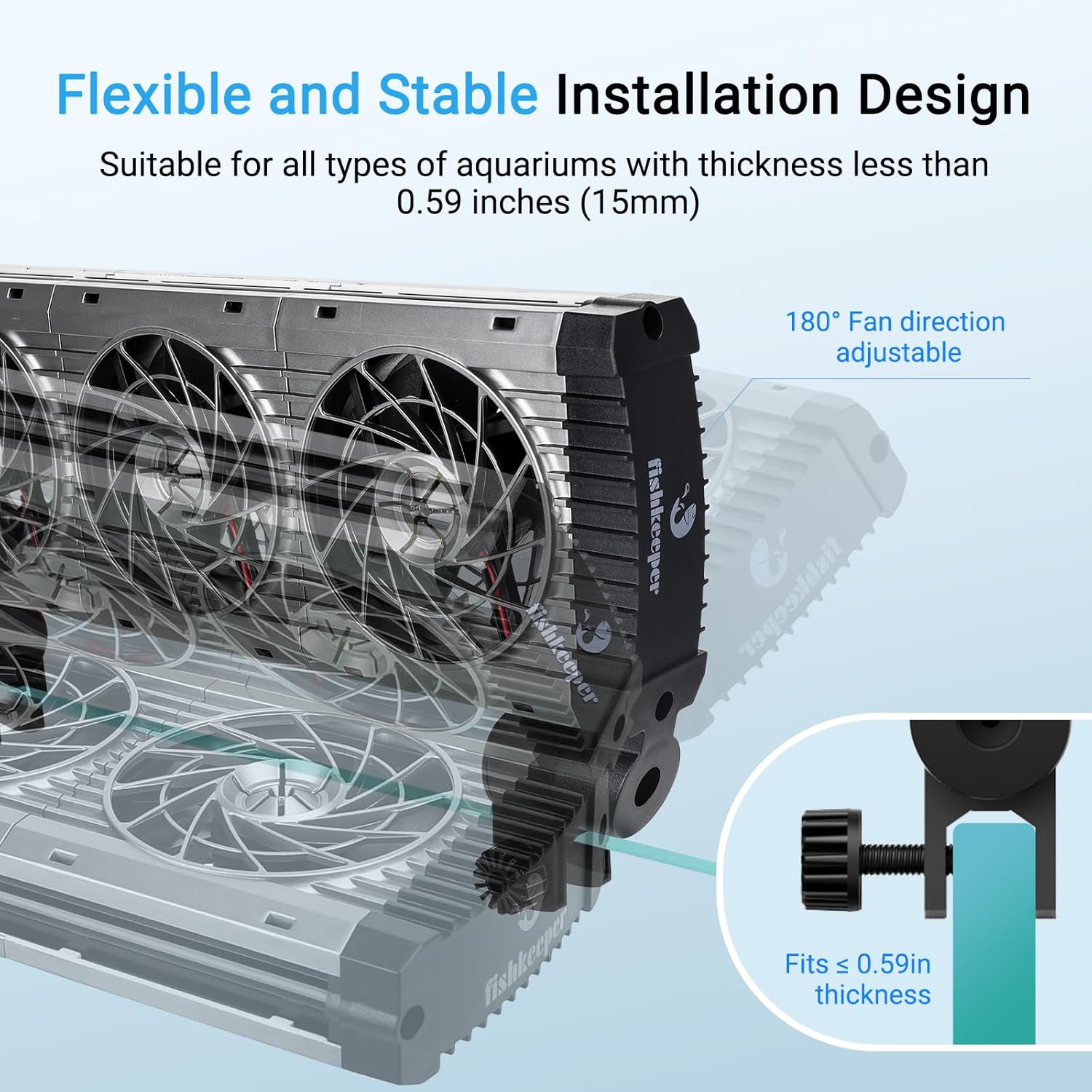 fishkeeper Aquarium Chiller Fan - 3600 r/m Powerful Wind Quiet Fish Tank Cooling Fan, 5 Speeds, 3 Timer Modes, 180° Wide Angle Adjustable Aquarium Cooler Chiller with Smart Controller (12W, 3 Heads)