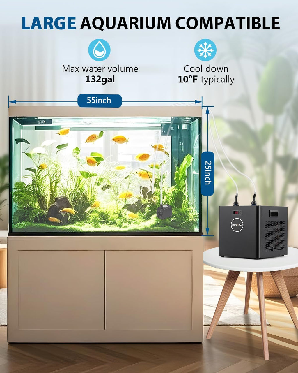 BAOSHISHAN Aquarium Chiller 132gal, 1/2HP Water Cooler, Quiet Design Refrigeration Compressor for Hydroponics, Axolotl, Coral Reef, Fresh & Salt Fish Tank (132gal/500L)
