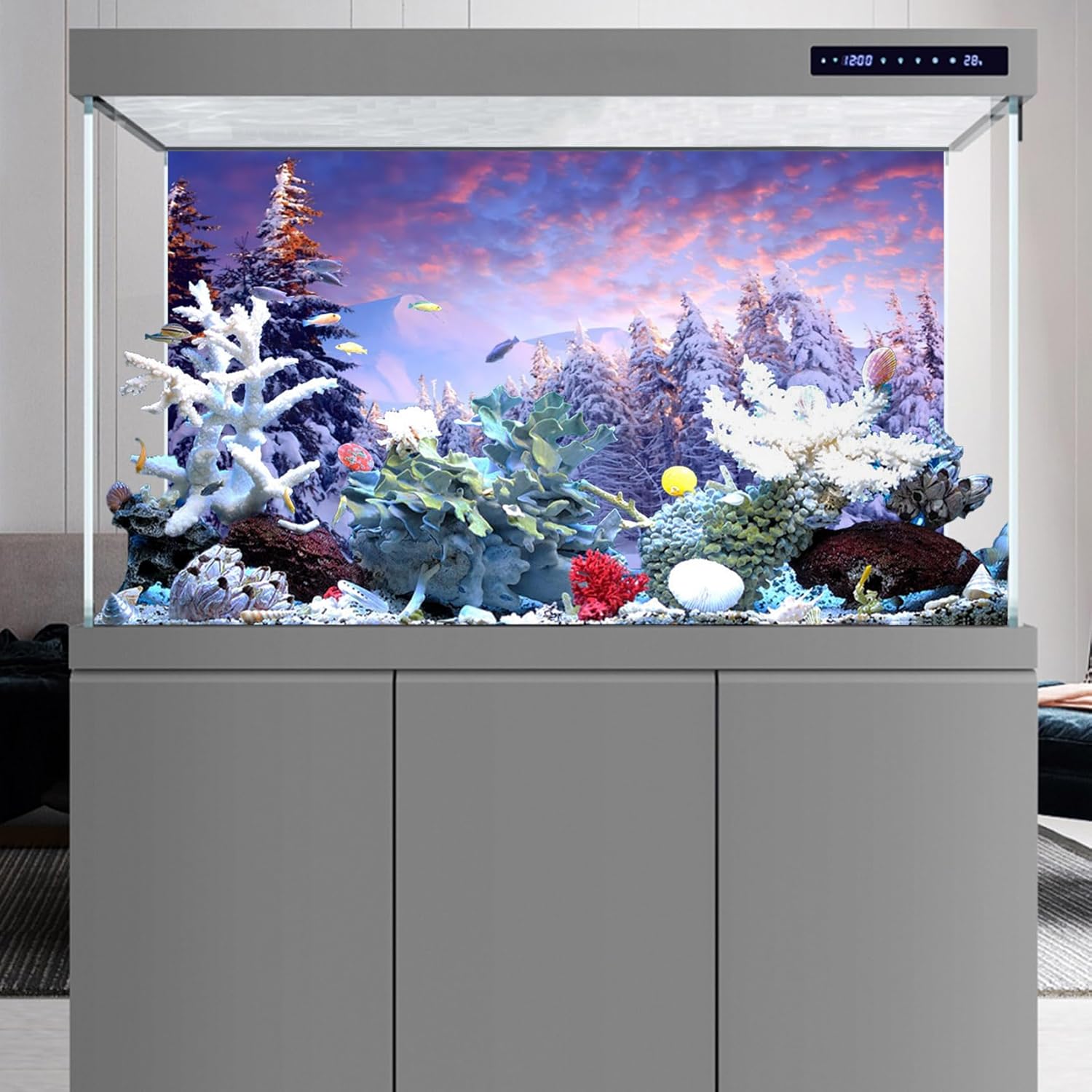 YongFoto Fish Tank Background 48x18 Inch Winter Snow Scene Aquarium Snowfield Pine Forest Rime Sunglow Rosy Clouds Backdrop Reptile Terrarium Bearded Dragon Habitat