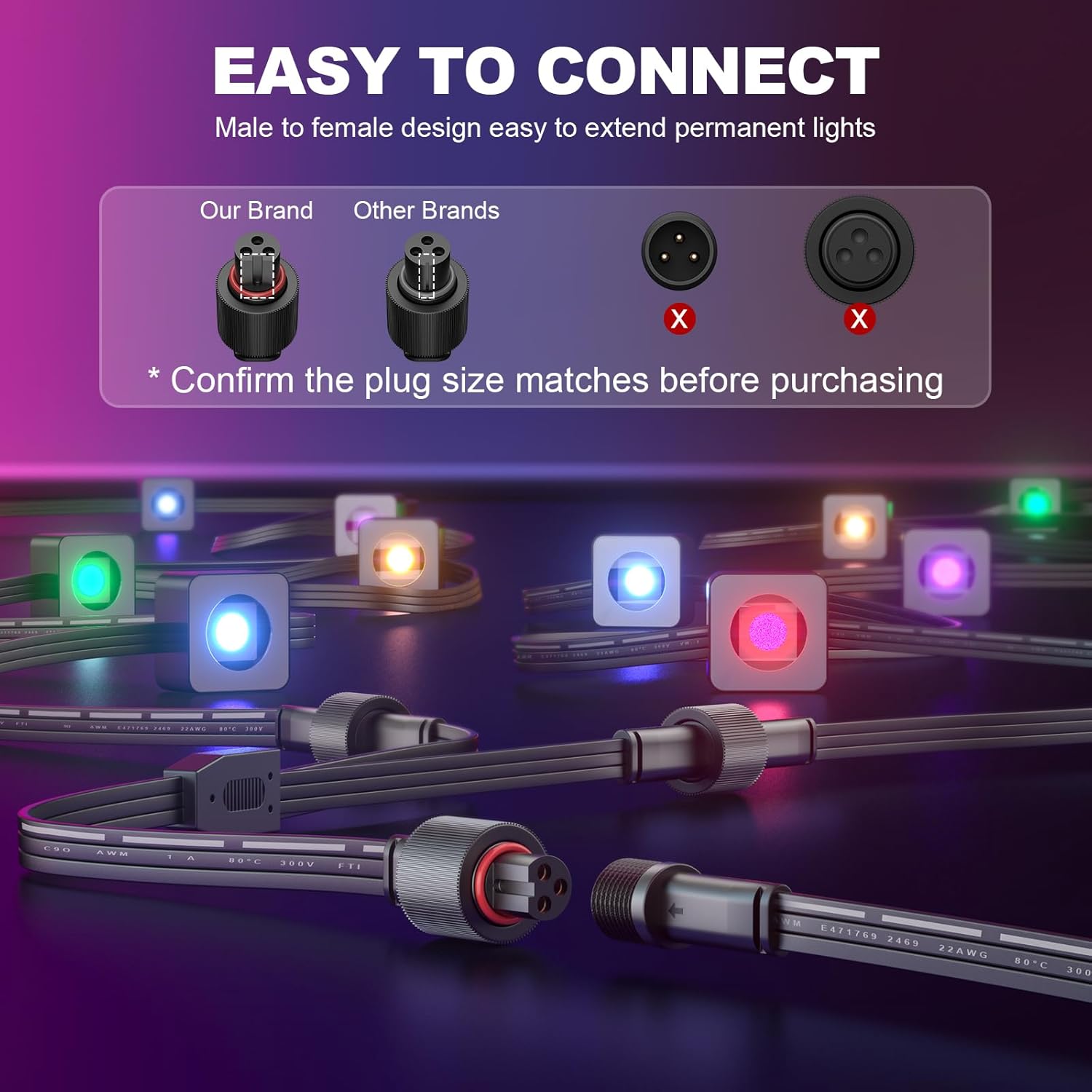 Permanent Outdoor Lights Y-Shaped Extension Cable,H705A H705B H705C H706A H706B H706C,3 Pin Power Cord, Compatible with Go-ee Permanent Outdoor Lights/Lights Pro (Black Y-Shaped)