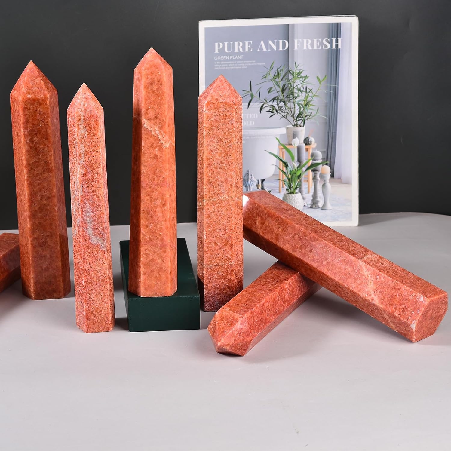 JIC Gem Large Sunstone Obelisk Tower Points Natural Healing Crystal Wand 6 Faceted Quartz Crystals Tower Wand Single Point Chakra Meditation Therapy 2.2-2.6 Lbs