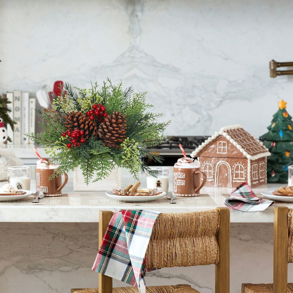 Christmas Centerpieces Table Decorations 10" Small Artificial Potted Christmas Tree Tabletop Pine Plants with Red Berry Pine Cones in Wooden Pot for Home Winter Xmas Mantel Farmhouse Indoor Decor