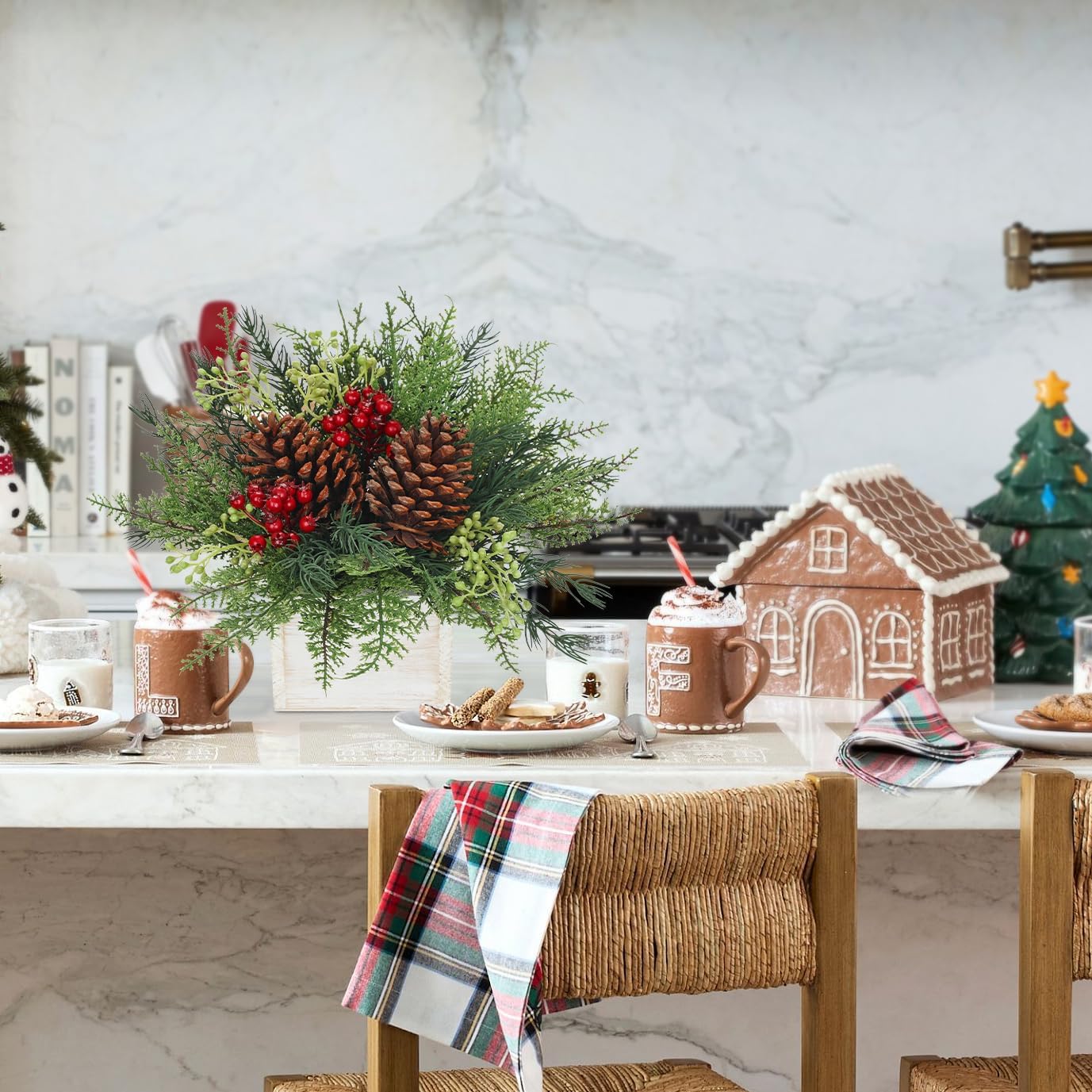 Christmas Centerpieces Table Decorations 10" Small Artificial Potted Christmas Tree Tabletop Pine Plants with Red Berry Pine Cones in Wooden Pot for Home Winter Xmas Mantel Farmhouse Indoor Decor