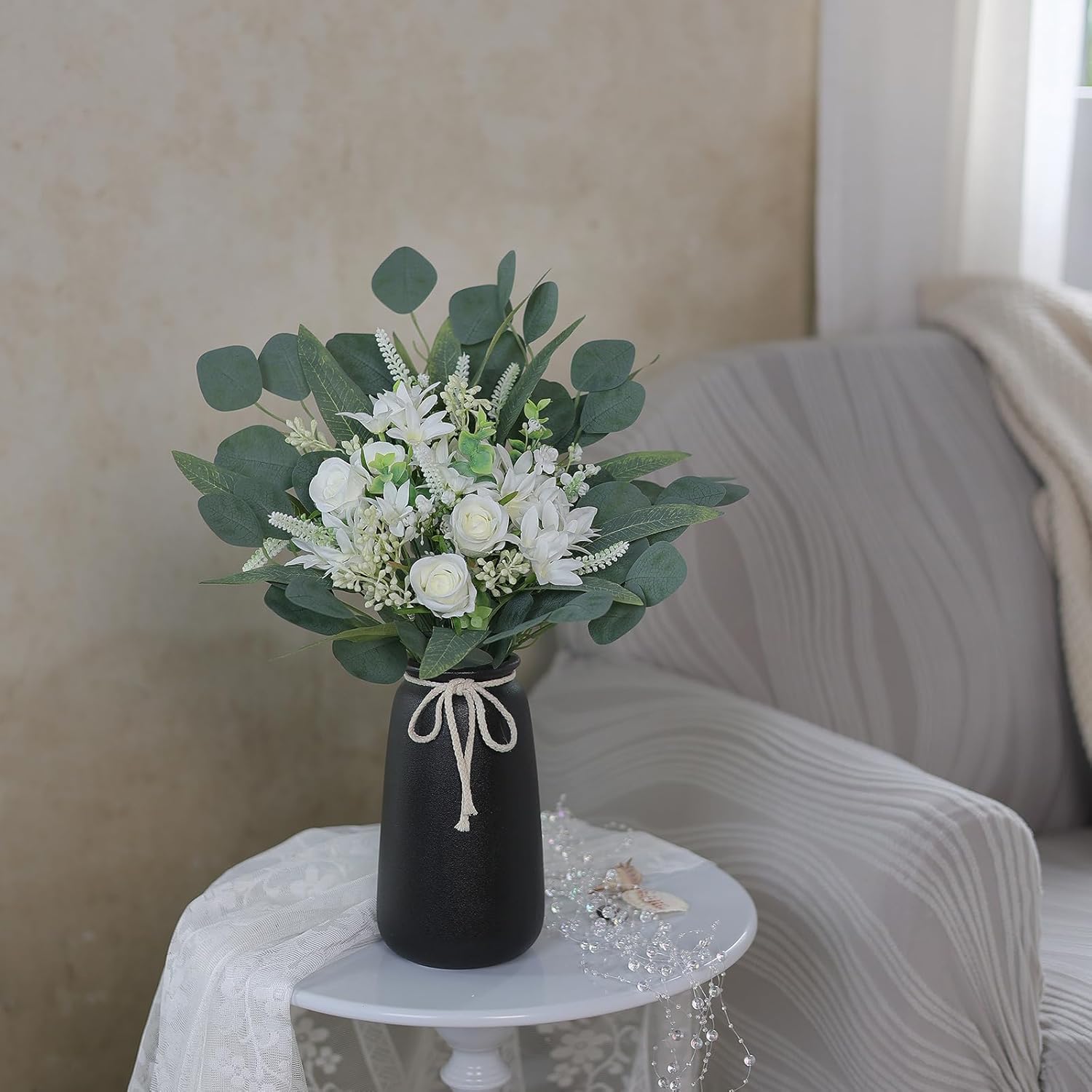 VIERENA Artificial Greenery Stems Box Set(Pack of 75pcs) with 8 Kinds of Faux Plants and Fake Flowers for DIY Wedding Bouquet Table Centerpieces and Floral Arrangement (White&Green)