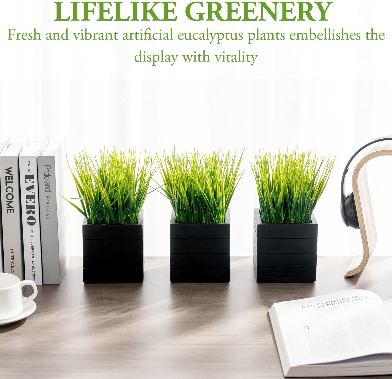 MyGift Artificial Green Grass Plants in Vintage Black Wood 4 Inch Planter Boxes, Faux Greenery in Decorative Square Crate Style Wooden Containers, Set of 3