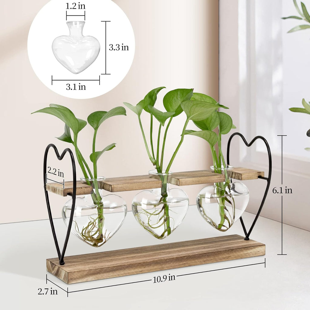 takfot Plant Propagation Station with Wood Stand, Terrarium Tabletop Glass Planter for Hydroponics Air Plants Home Decor, Plant Holder Lover for Mother Family Women 3 Heart Shaped Vase