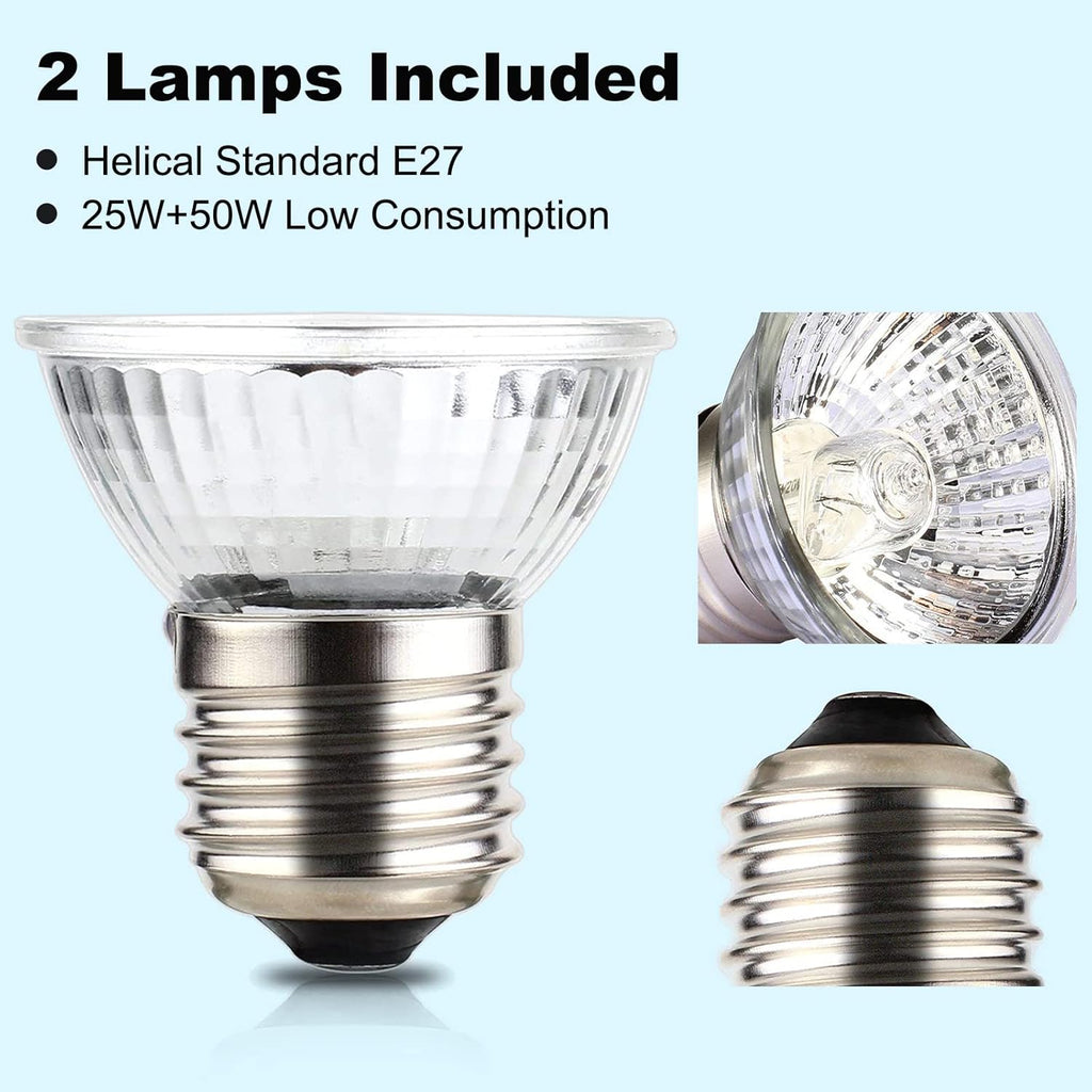 Reptile Heat Lamp, Lamp for Aquarium Turtle Tank with 25w+50w Basking Spot Light Bulbs and 360° Swivel Clamp for Turtle, Snake, Lizard, Cockatoo, Chameleon Etc, Yellow