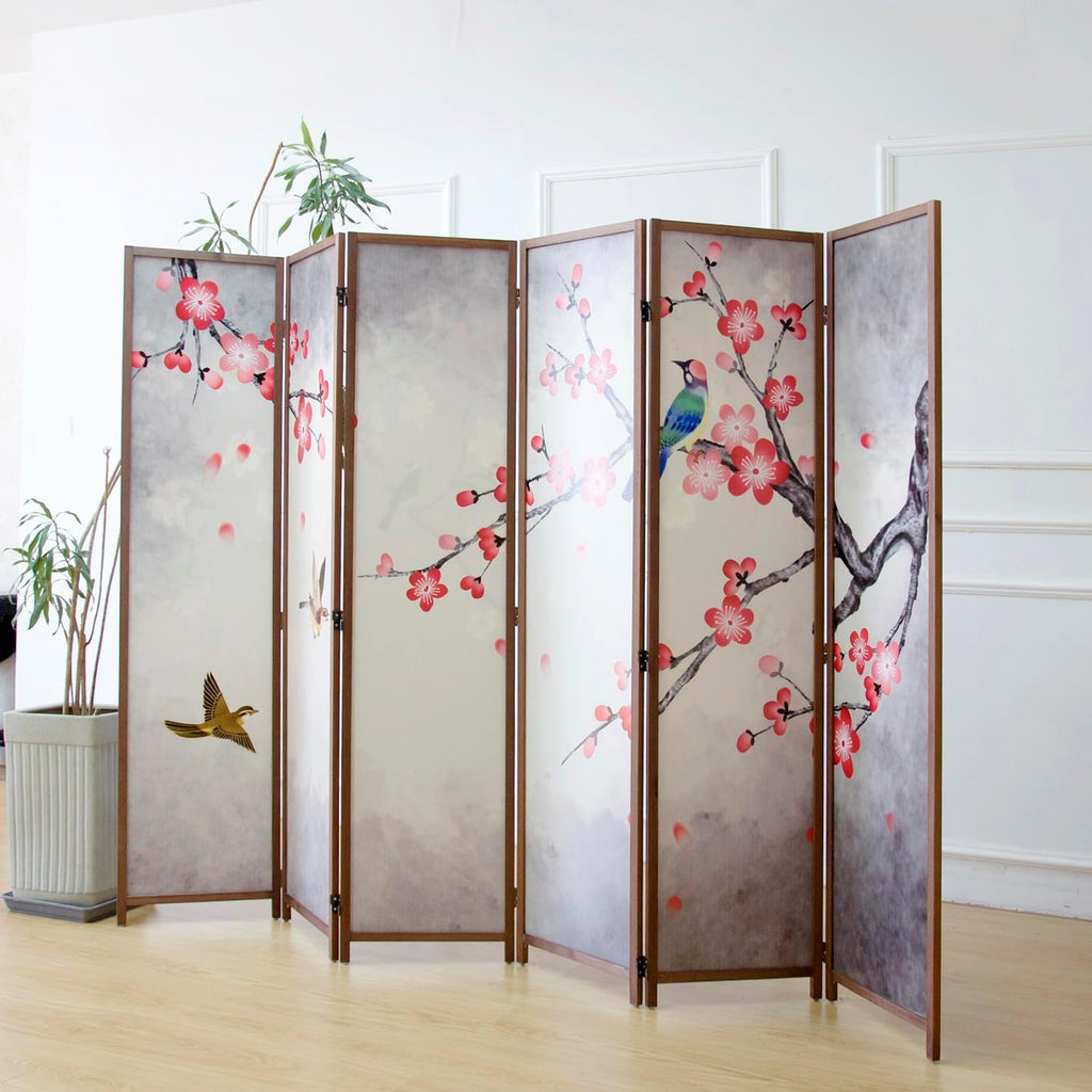 6 Panel Room Divider Screen,Double Faced Blackout Panel Divider Folding Panel Screen Divider for Room Separation,Magnolia and Plums,67" H x 94.5" W