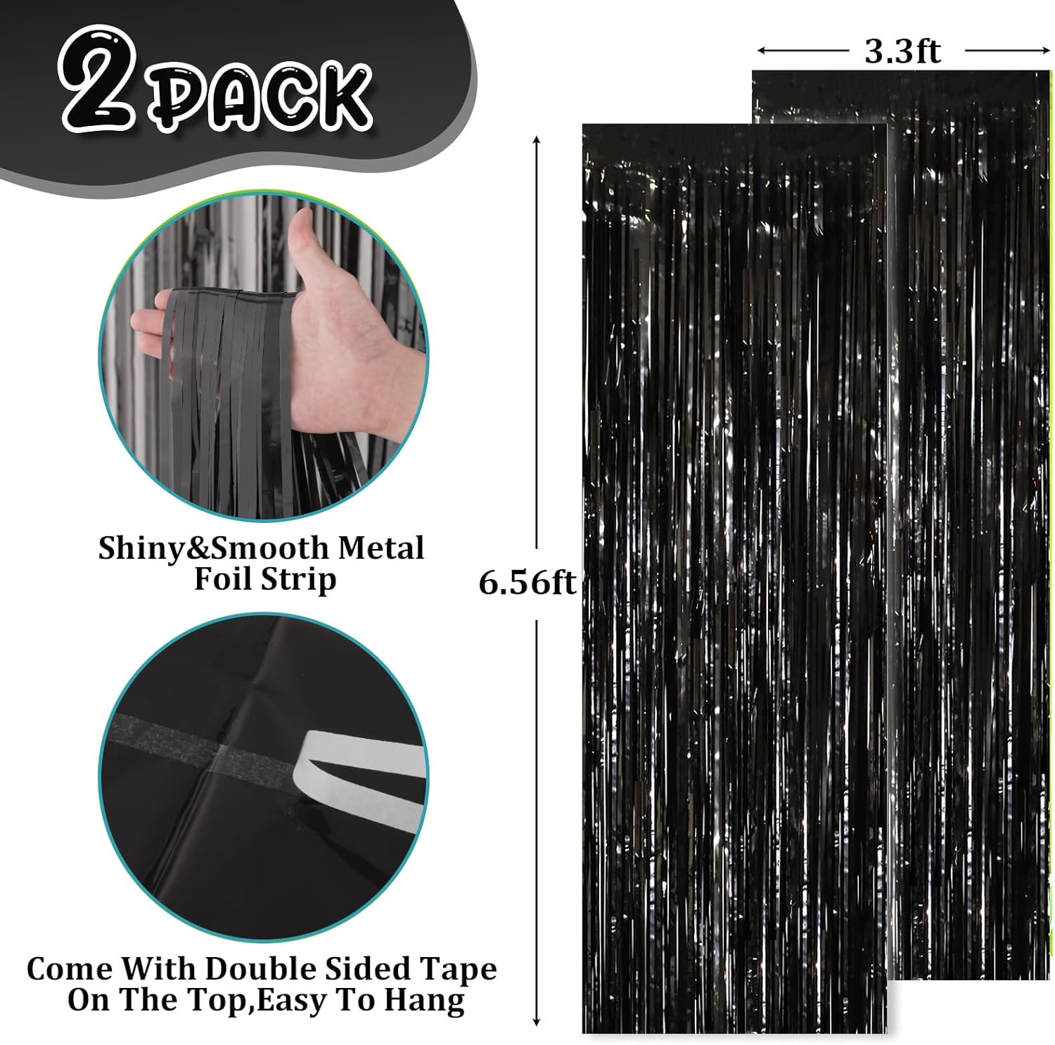 2 Pack Black Tinsel Foil Fringe Curtains, Black Party Decorations, Metallic Tinsel Party Streamers Backdrop for Birthday Halloween New Years Graduation Party Decorations