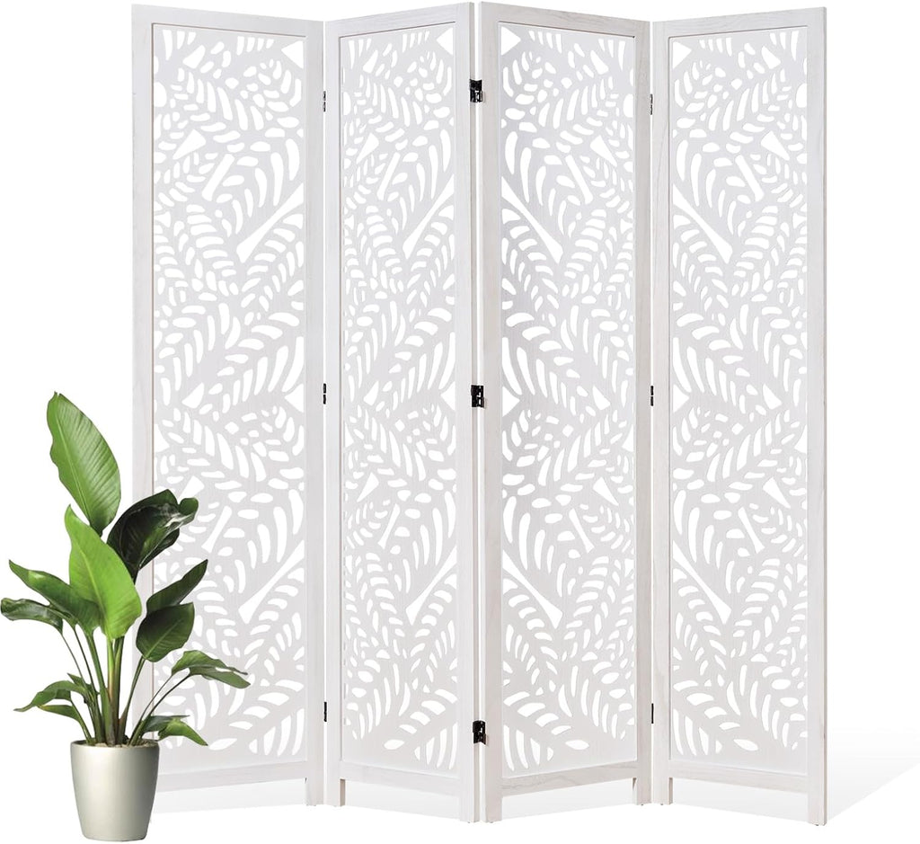 Leaf-Carved Room Divider Privacy Screen - 67 Inch Tall Foading Decorative Wood Screen Dividers Panel for Home - Natural Wood Room Partitions for Enhanced Privacy and Style White 4 Panel