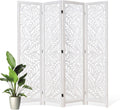Leaf-Carved Room Divider Privacy Screen - 67 Inch Tall Foading Decorative Wood Screen Dividers Panel for Home - Natural Wood Room Partitions for Enhanced Privacy and Style White 4 Panel