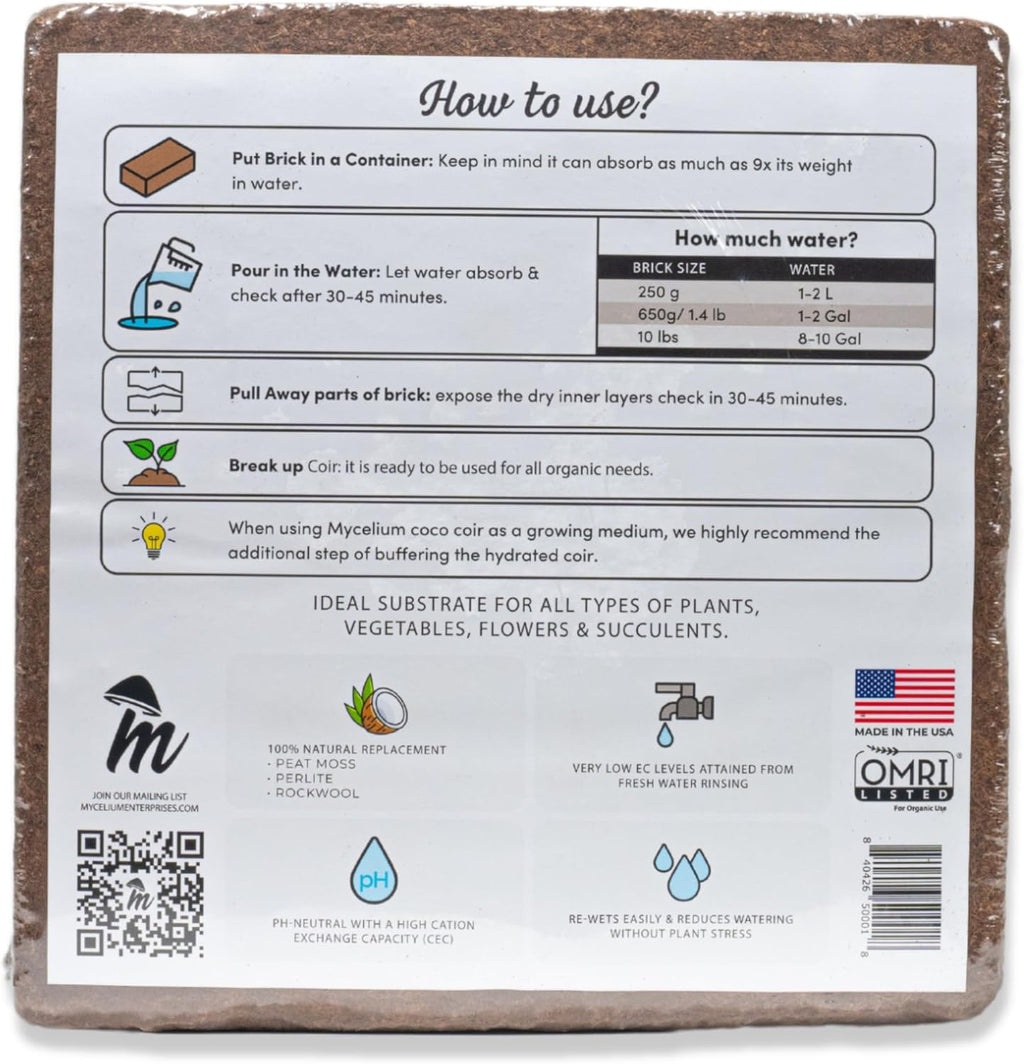 Mycelium Coco Coir Brick I Expandable Organic Coconut Fiber Substrate I Plants Potting Soil Mix for Indoor & Outdoor Gardening, Succulents & Cactus I OMRI Certified & Non-GMO Soil Alternative, 10lbs