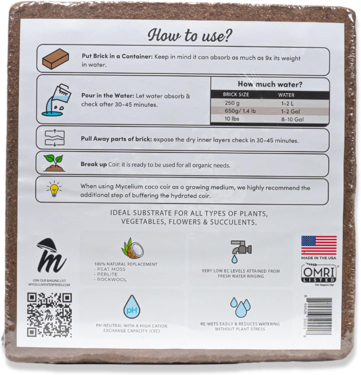 Mycelium Coco Coir Brick I Expandable Organic Coconut Fiber Substrate I Plants Potting Soil Mix for Indoor & Outdoor Gardening, Succulents & Cactus I OMRI Certified & Non-GMO Soil Alternative, 10lbs