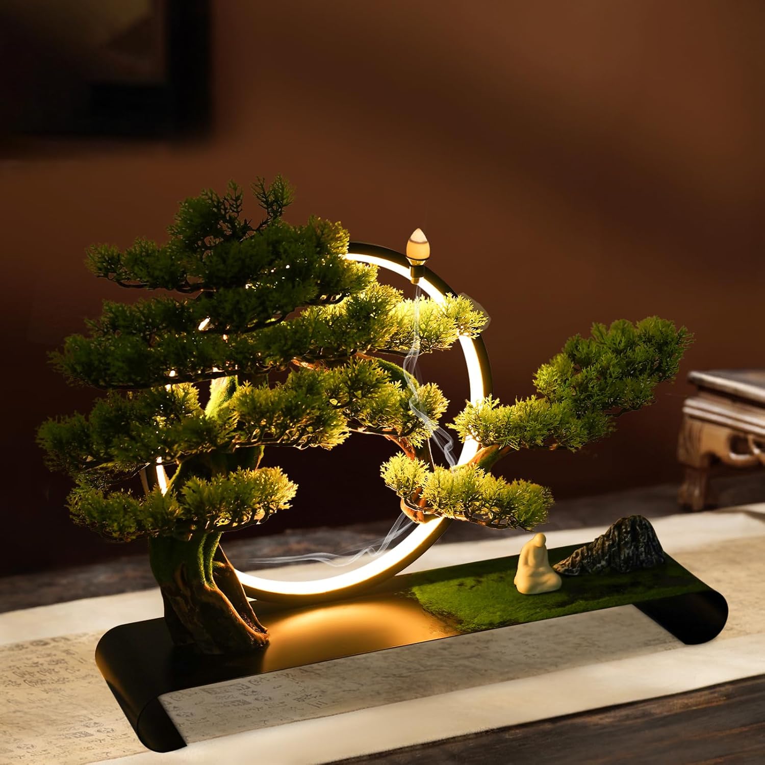 Artificial Bonsai Pine Tree Faux Realistic Simulation Bonsai with LED Lamp Ring Fake Plants Desk Table Decor for Home Office Indoor