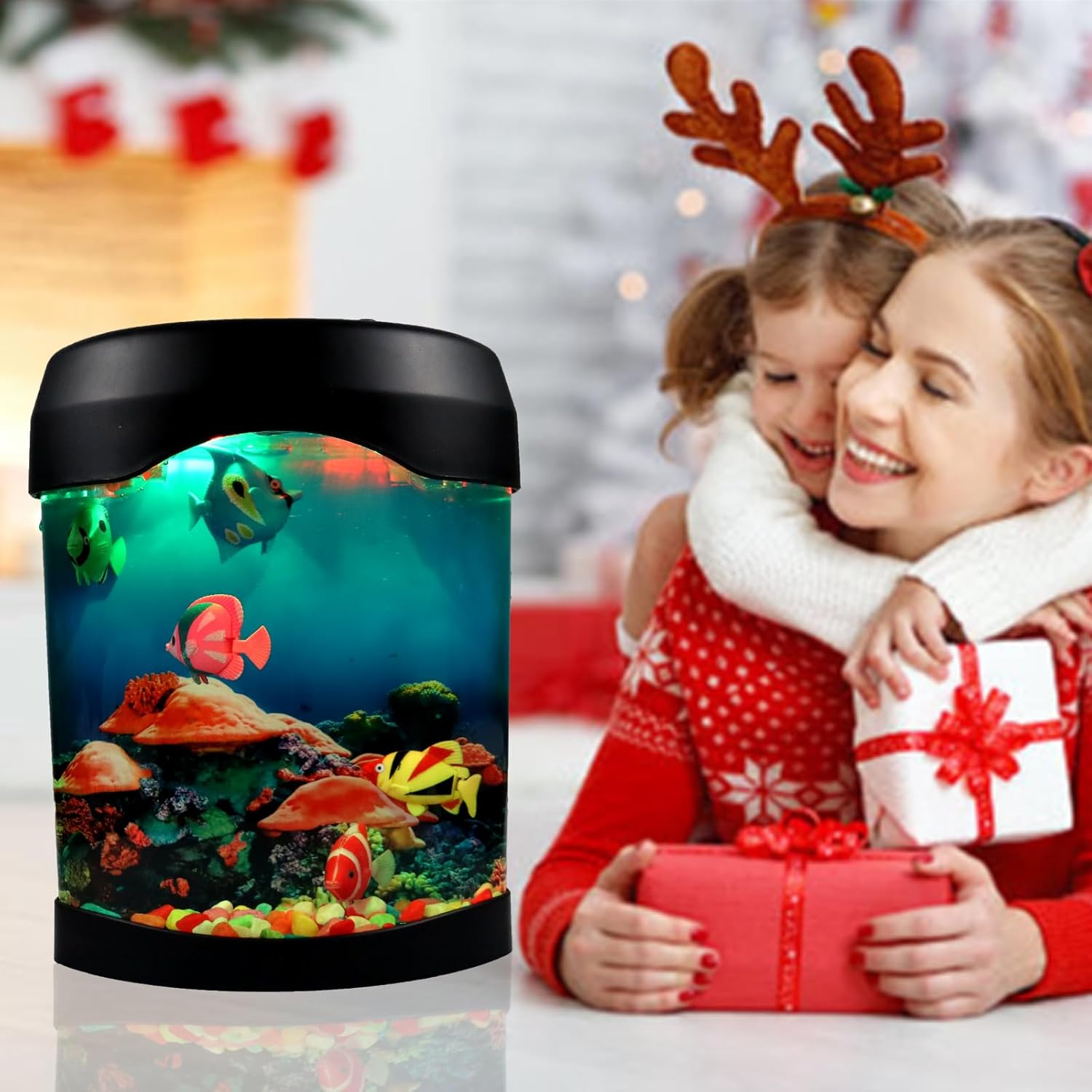 Toycol Fake Fish Lamp, Nightly Lifelike Desk Electric Mood Light, LED Light Tank with 6 Color Changing and (5 Fake Fish) Mini Aquarium for Home Office Deco Adults,Gifts for Kids and Adults