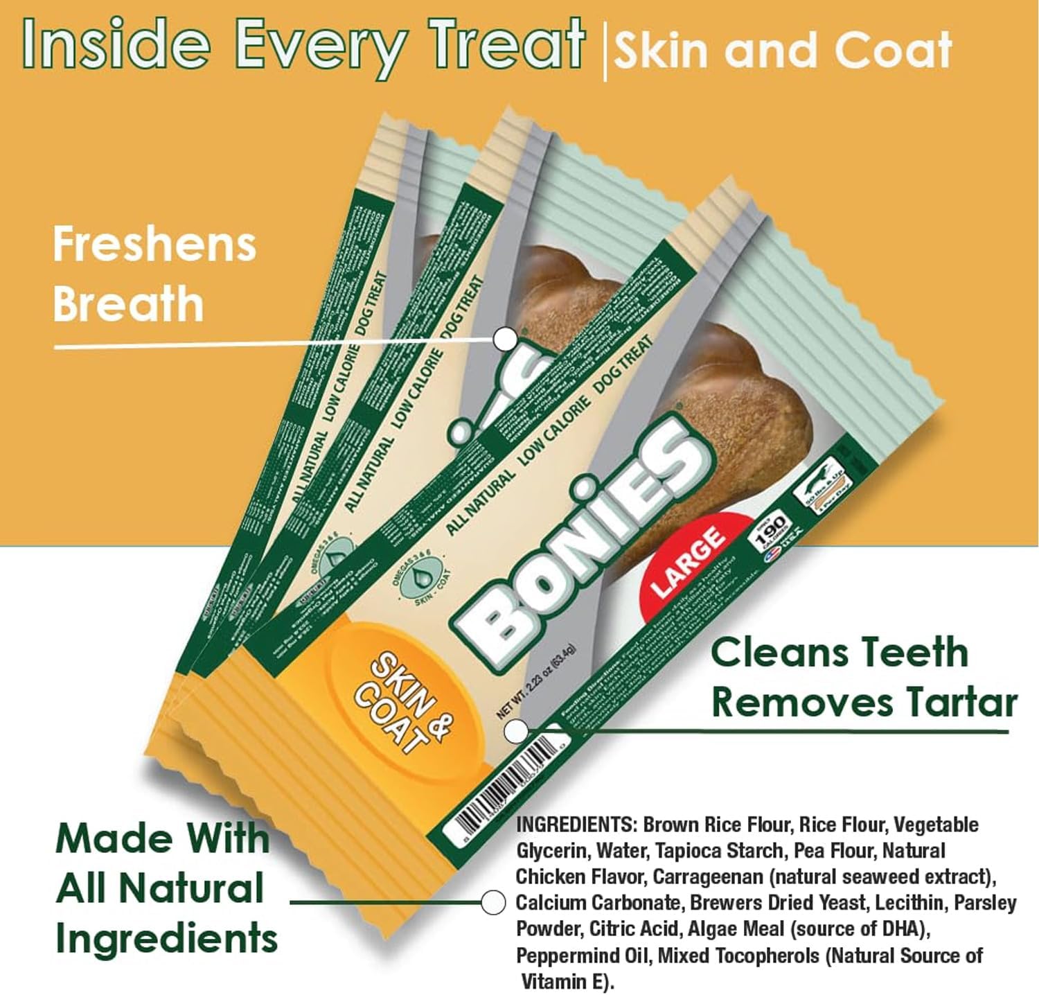 Bonies Natural Skin & Coat Formula Small-Sized Single Bone - Promote Silky Coat & Healthy Skin, Healthy Teeth & Fresh Breath, Low Calories - Chicken Flavor, Small Dogs, 15 Count