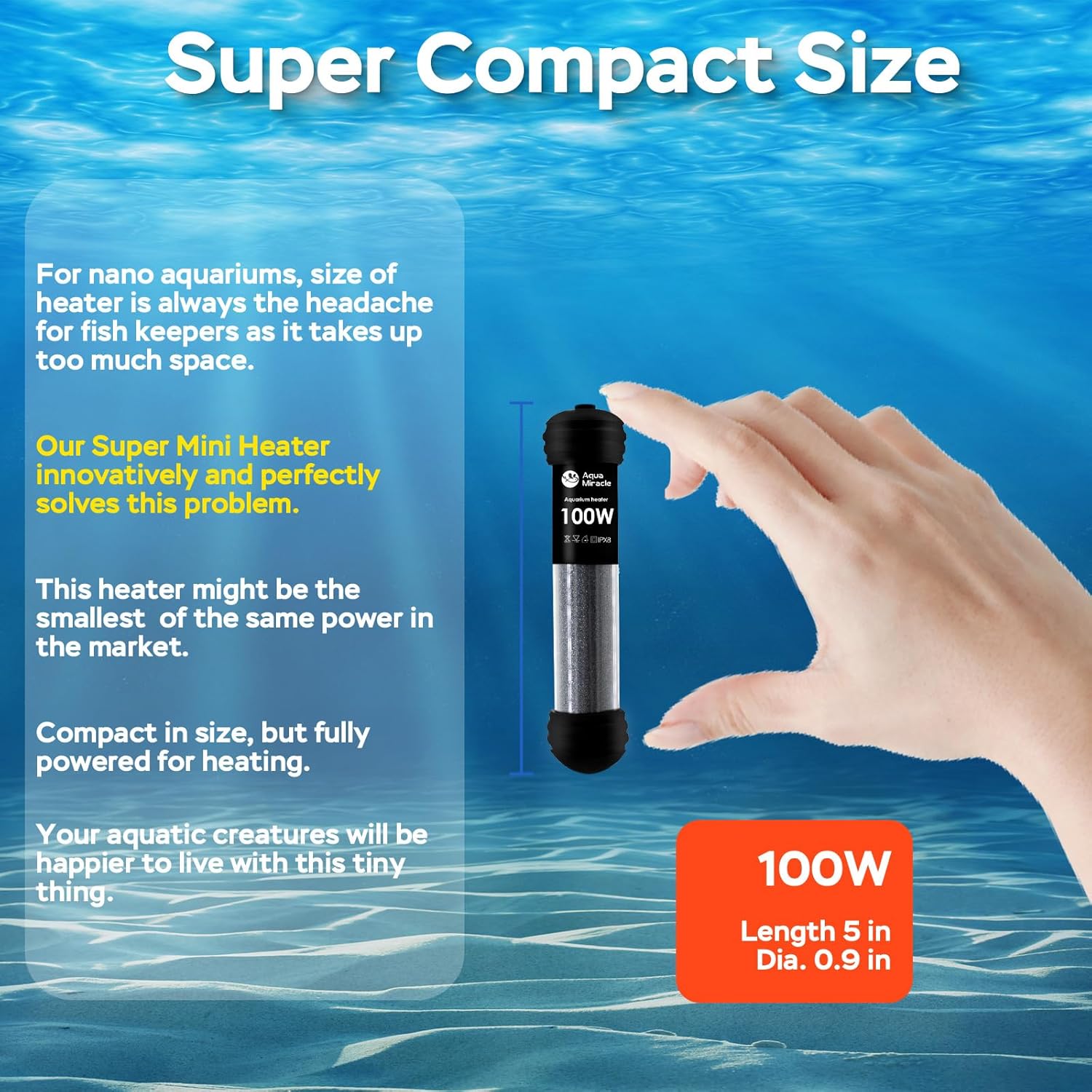 AquaMiracle 100W Small Aquarium Heater Fish Heater, Super Mini Fish Tank Heater Turtle Tank Heater for 10-20 Gal Tanks, with Dual LED Display, Dry-Run/Overheating Protection & Memory Function