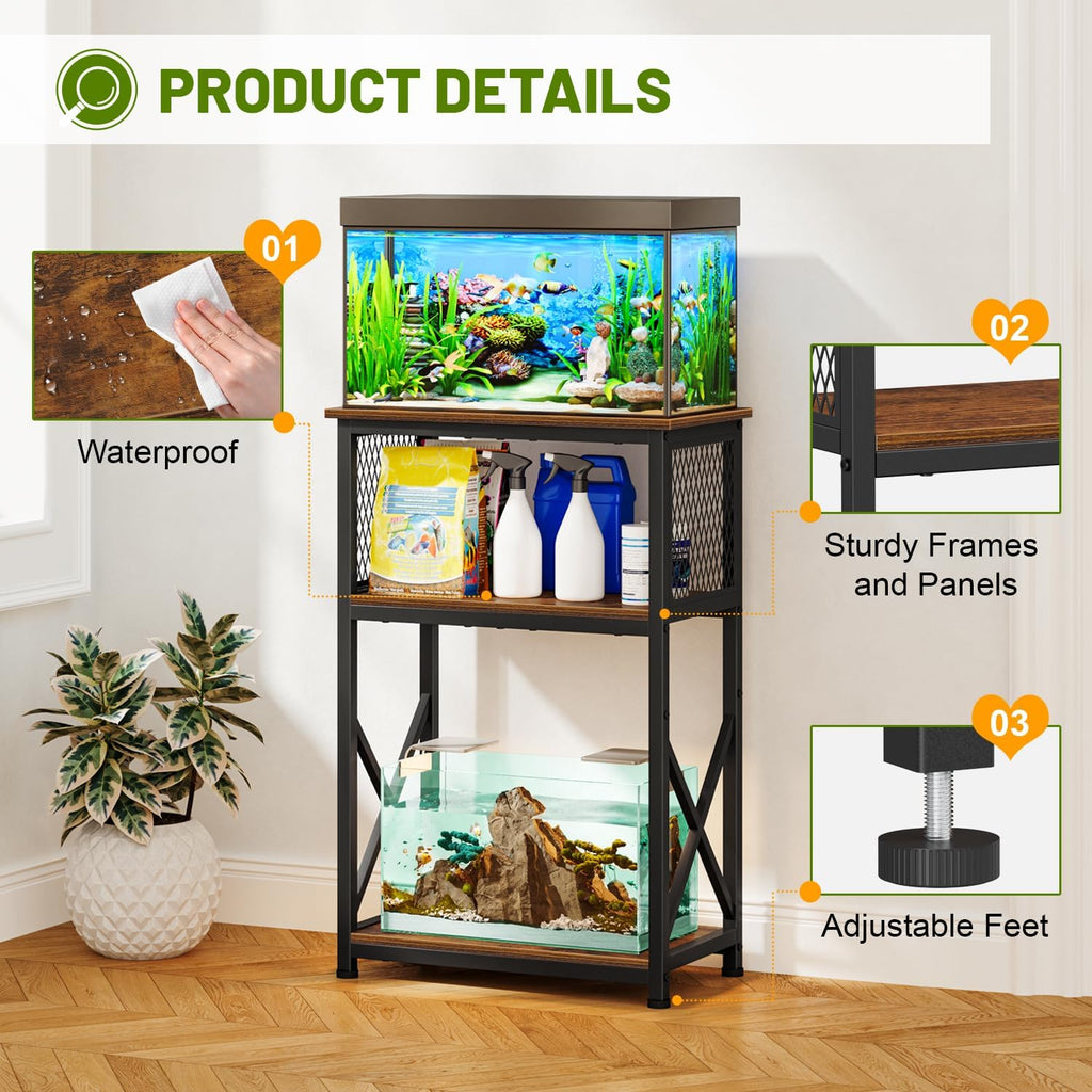 Snughome 10 Gallon Aquarium Stand with Storage, 3 Tier Heavy Metal Fish Tank Stand Shelf 20.47" x 11.42" x 30.91", Rustic Brown