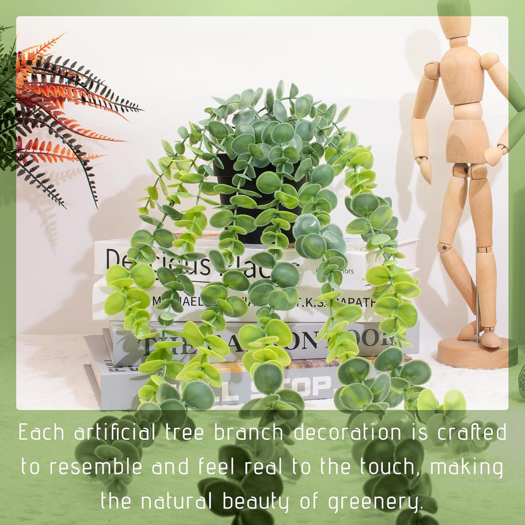 Fake Hanging Eucalyptus Plants Artificial Faux Plants Indoor Small Hanging Greenery Decor for Shelf with Black Pot Soft Green for Living Room, Kitchen, Balcony, Garden, Bedroom