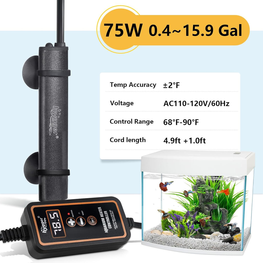 hygger Mini Submersible Aquarium Heater, Turtle and Betta Fish Tank Heater with Digital Display External Controller Freshwater