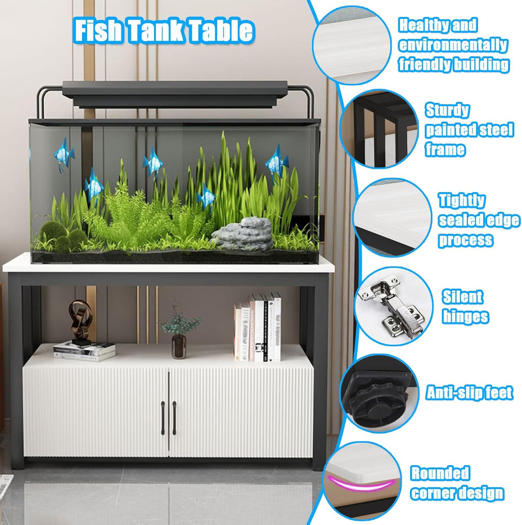 5-75 Gallon Aquarium Stands, 3 Tier Metal Frame Fish Tank Stand with Cabinet Storage, Reptile Tank Stand for Home Living Room Bedroom Office, 2200LBS Capacity (black+white, L39.4″*W19.7″*H23.6″)