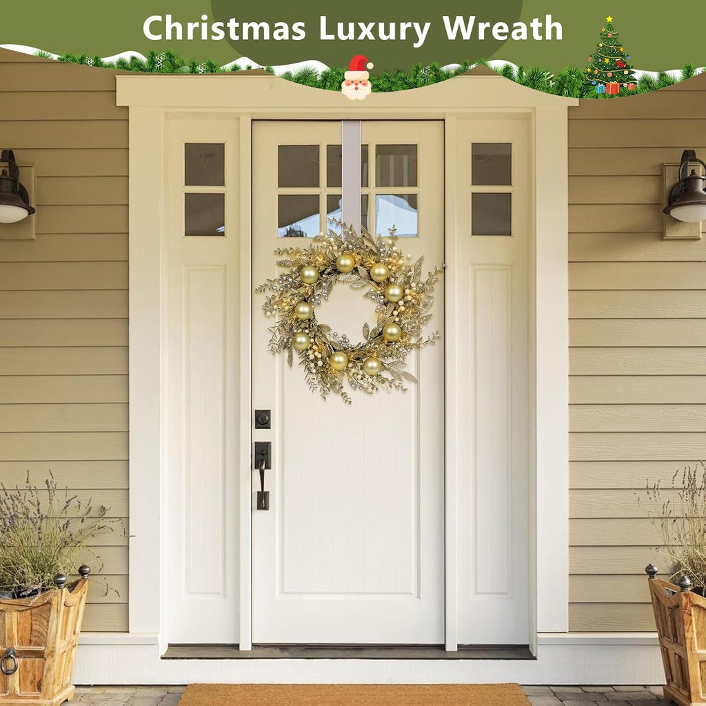 Christmas Wreath Artificial Christmas Wreath with Golden Balls, Off-White Berries and Led Lights Suitable for Decorating Doors, Windows.