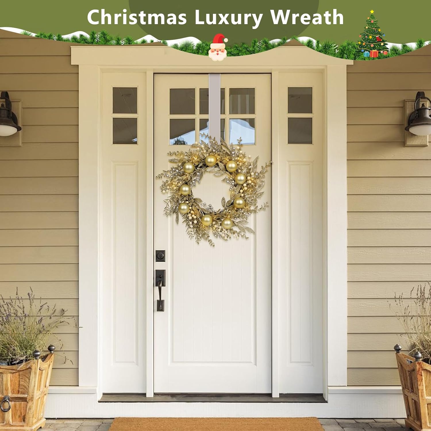 Christmas Wreath Artificial Christmas Wreath with Golden Balls, Off-White Berries and Led Lights Suitable for Decorating Doors, Windows.