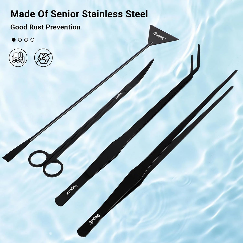 Segarty Longer Aquarium Aquascaping Tools, 4 in 1 Stainless Steel Black Aquarium Tools Kit for Aquatic Plant Fish Tank, Long Scraper Spatula Feeding Tweezers Curved Scissors Anti Rust Aquascape Set