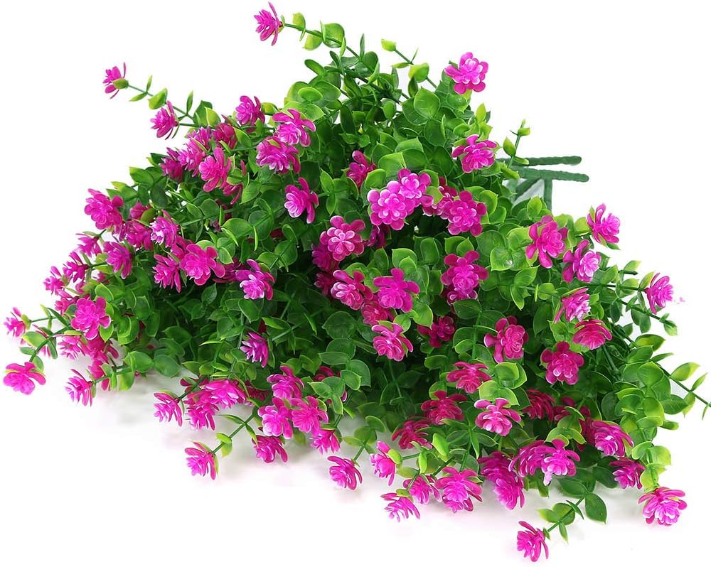24 Bundles Outdoor Artificial Flowers UV Resistant Fake Boxwood Plants, Faux Greenery for Indoor Outside Hanging Plants Garden Porch Window Box Home Wedding Farmhouse Décor (Magenta)