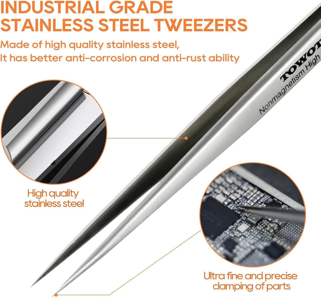 Precision Tweezers, Stainless Steel Pointed Tweezers for Craft, Electronics, Soldering, Experimental Work, Jewelry-Making, Industrial Tweezers, by TOWOT
