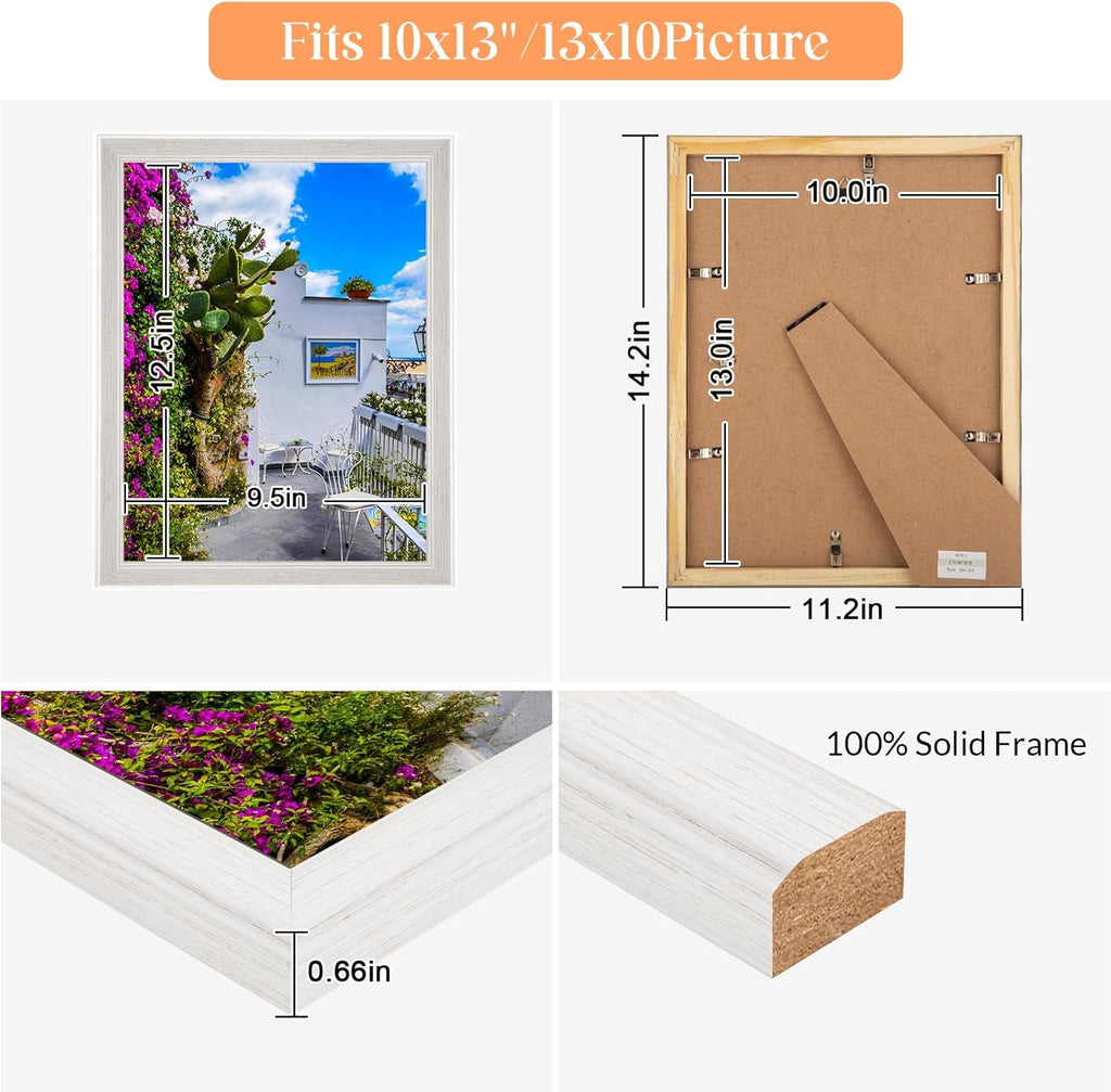 10x13 Wood Frame White, Natural Woodgrain 13x10in Picture Frame, Rustic Wooden 10 x 13 inch Gallery Photo Poster Frame with HD Plexiglass, Horizontal Vertical Wall Mounting Tabletop Display 1Pcs
