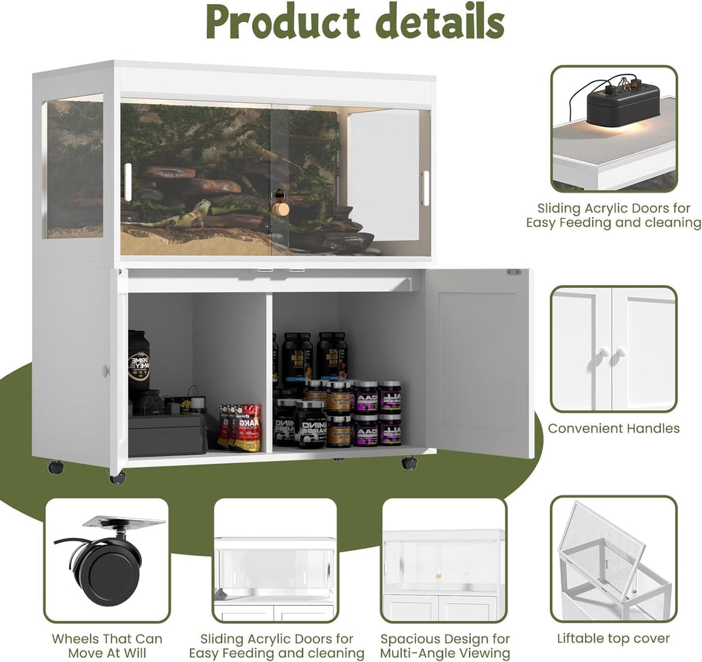 60 Gallon Reptile Terrarium with Storage – Mobile Reptile Tank with Wheels, Sliding Door & Mesh Roof – Ideal Enclosure for Geckos, Snakes & Lizards