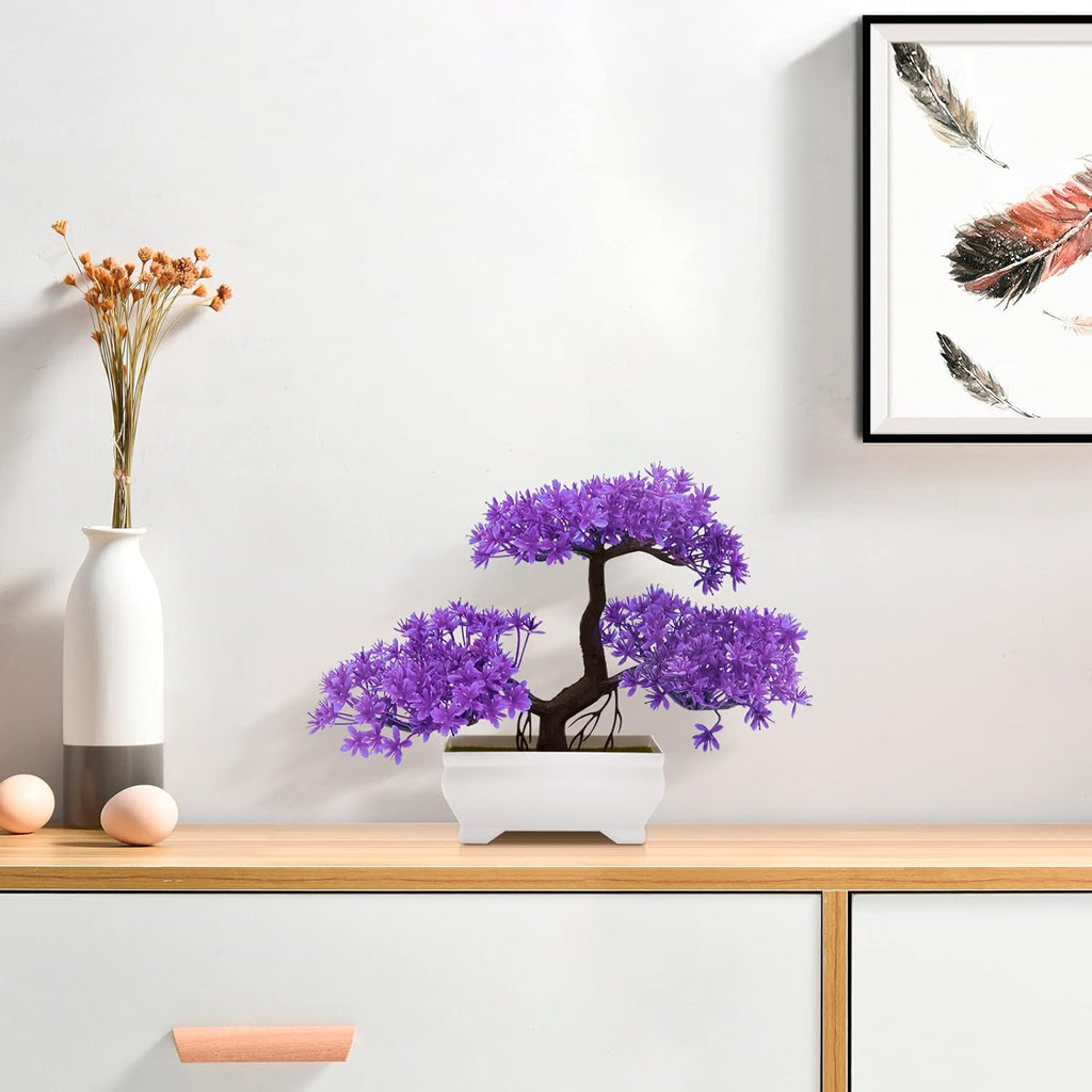Mini Artificial Bonsai Tree Plants with Plastic Cement Pots for Home Office Décor(Purple)