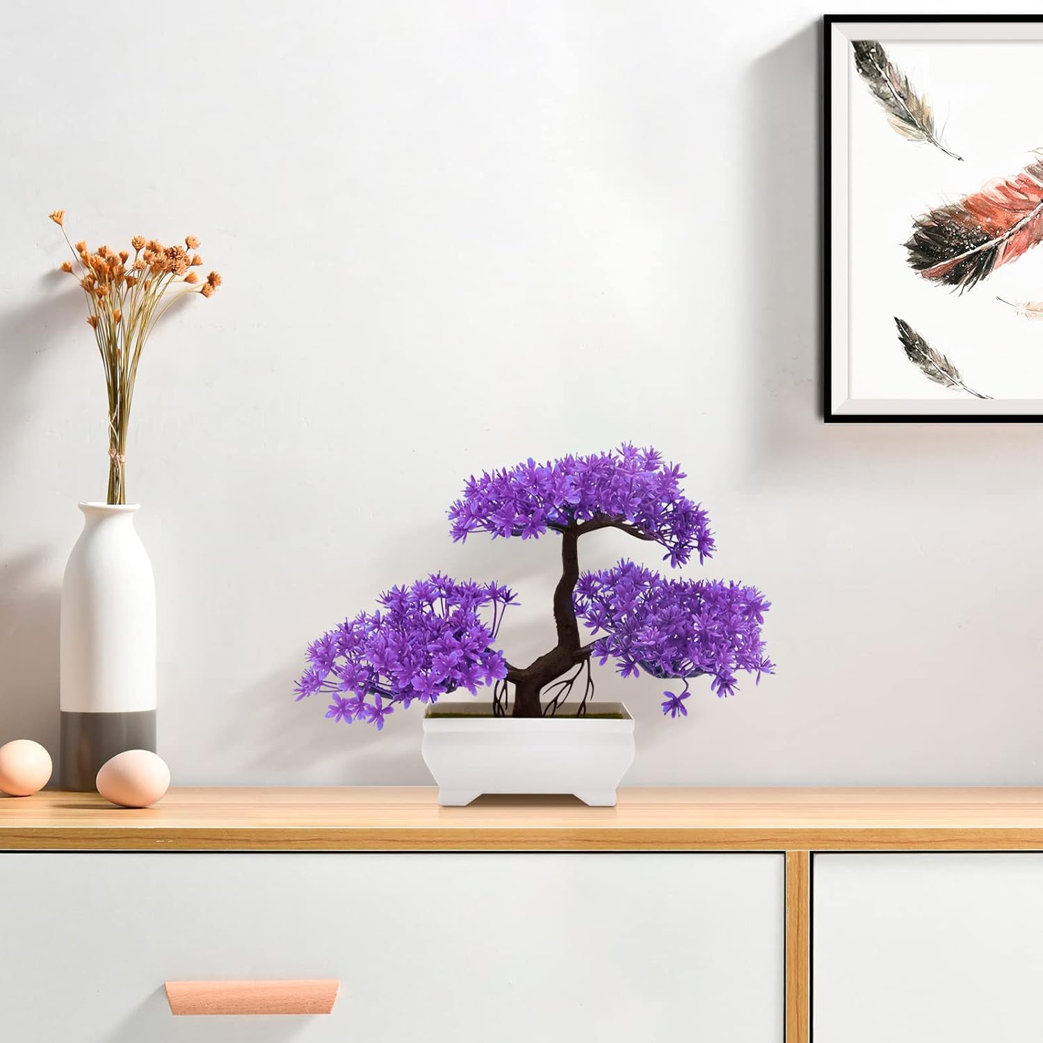 Mini Artificial Bonsai Tree Plants with Plastic Cement Pots for Home Office Décor(Purple)