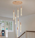 Modern High Ceiling Crystal Chandelier 7-Lights, Spiral LED Raindrop Foyer Pendant Lighting, Bubble Staircase Living Room Hanging Light Fixture Flush Mount Gold
