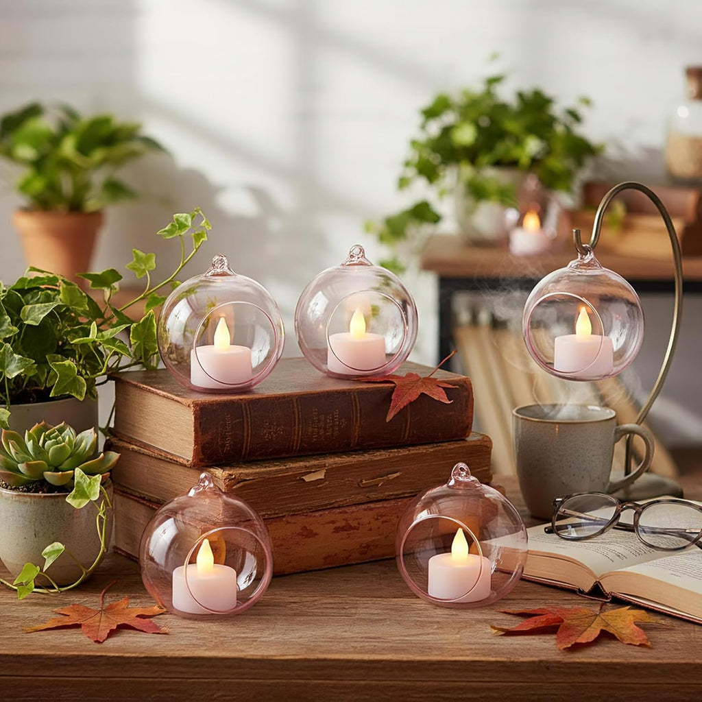3.15'' Pink Hanging Glass Tealight Holder Globe and Clear K9 Crystal Garland Strands, Hanging Glass Terrarium Containers for Wedding Party Tree Decoration(17 Pcs)