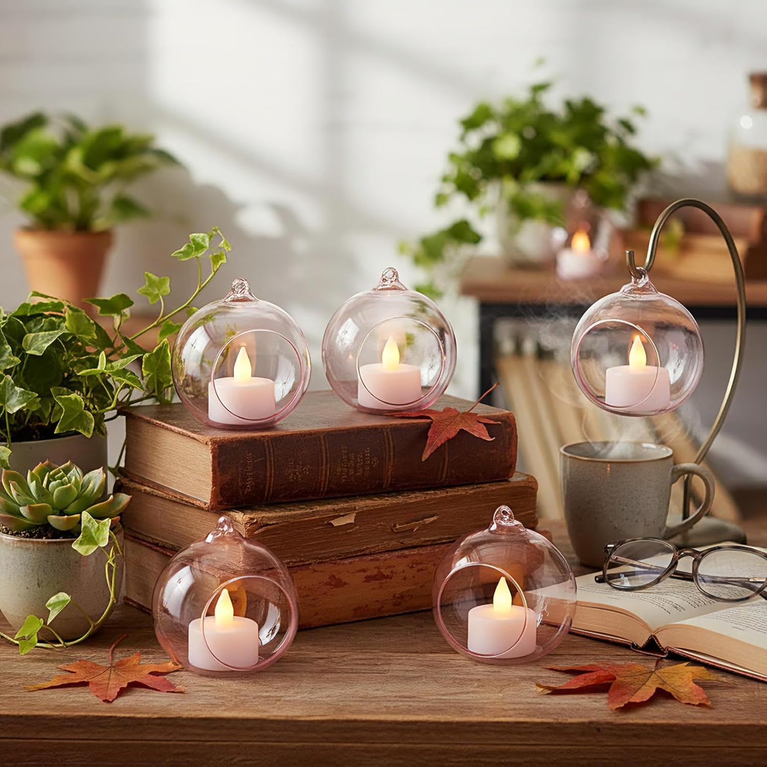 3.15'' Pink Hanging Glass Tealight Holder Globe and Clear K9 Crystal Garland Strands, Hanging Glass Terrarium Containers for Wedding Party Tree Decoration(17 Pcs)