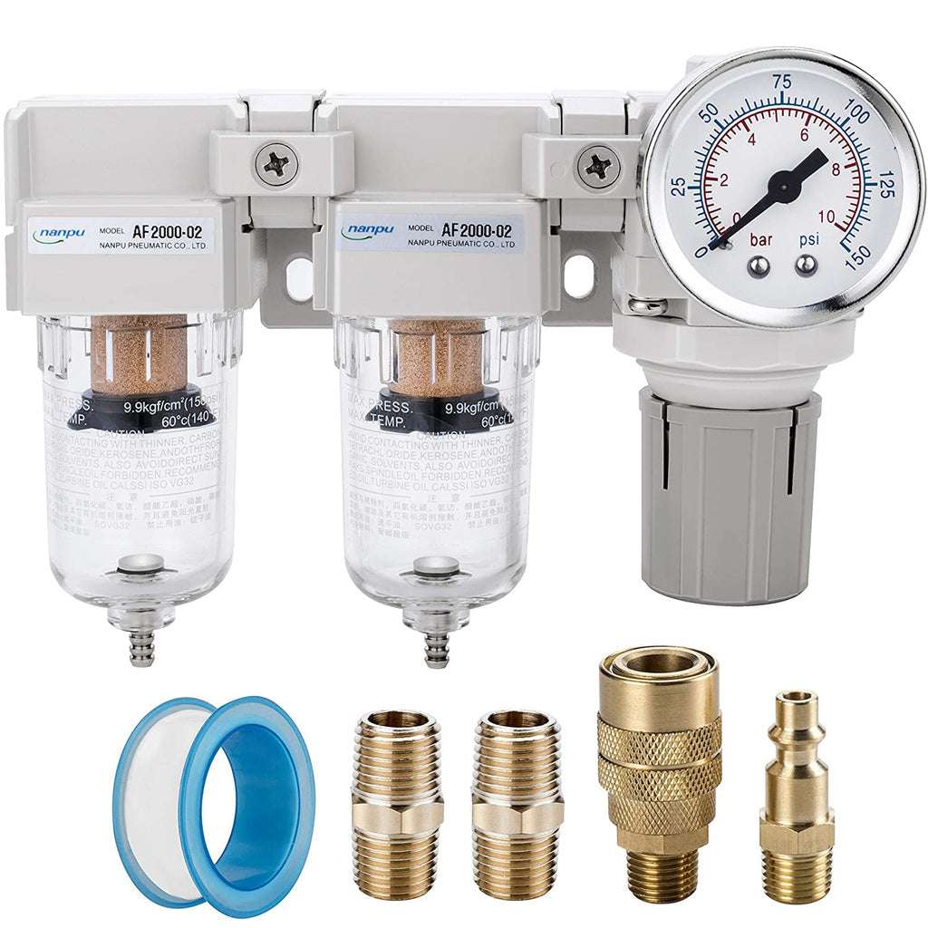 NANPU 1/4" NPT Air Drying System - Double Air Filters, Air Pressure Regulator Combo - Semi-Auto Drain, Poly Bowl