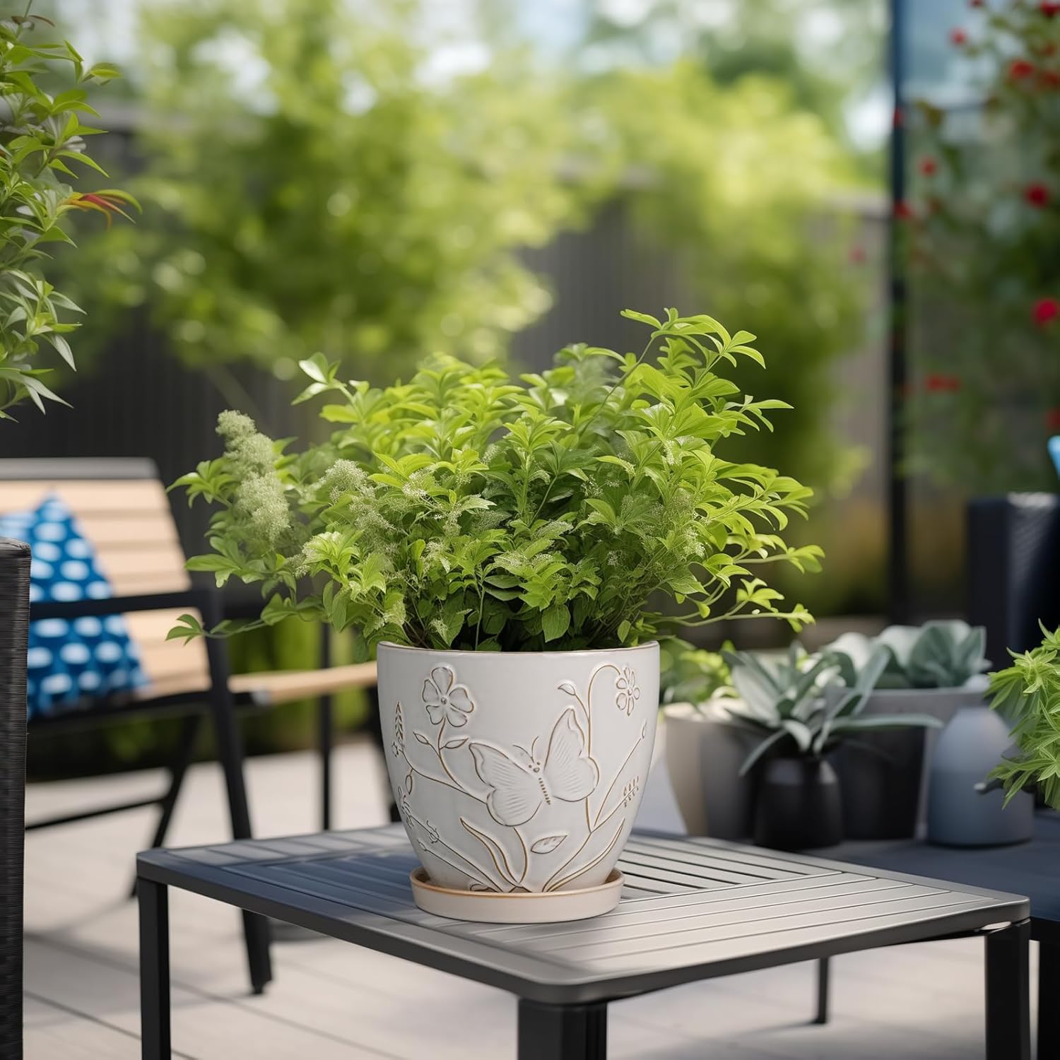 6 Inch Ceramic Plant Pot for Indoor Plants Outdoor Round Planter Flower Pot with Drainage Hole and Saucer for Home Garden Office Decor White