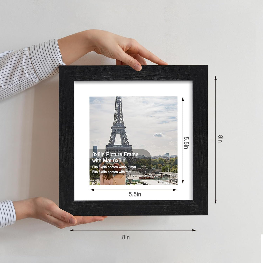 8x8 Picture Frames Set of 4, Made of Glass and Rustic Black Wooden Frame - Display Picture 6x6 with Mat or 8 x 8 Without Mat, 8 by 8 Photo for Wall or Tabletop